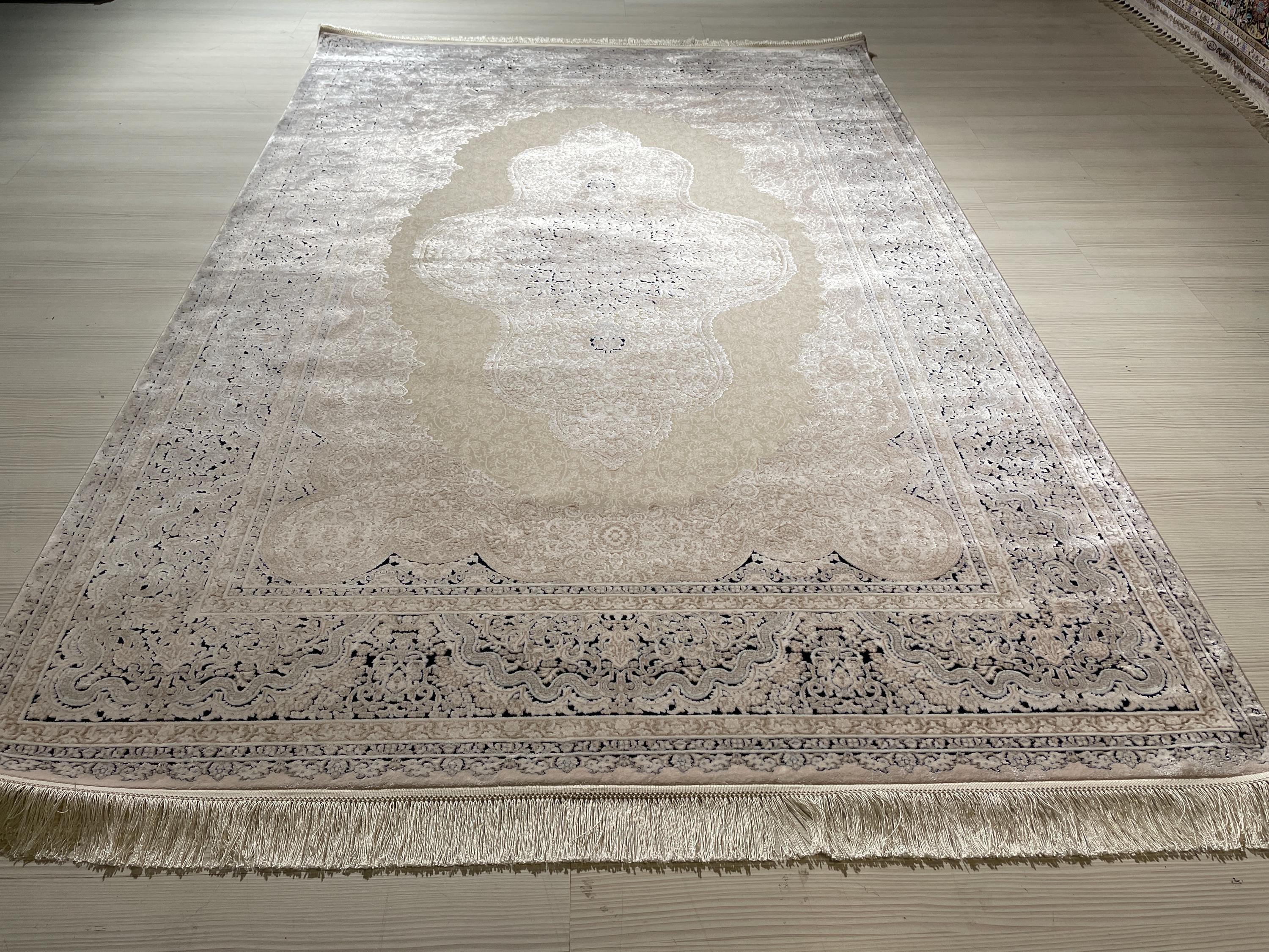 5x8 ft Ivory Navy Blue Bamboo Rug, Medallion Design, Turkish Luxury Carpet