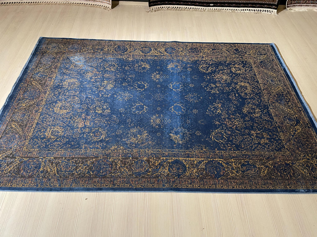 5x8 ft Navy Blue Gold Luxury  Area Rug, Turkish Style Living Room Carpet