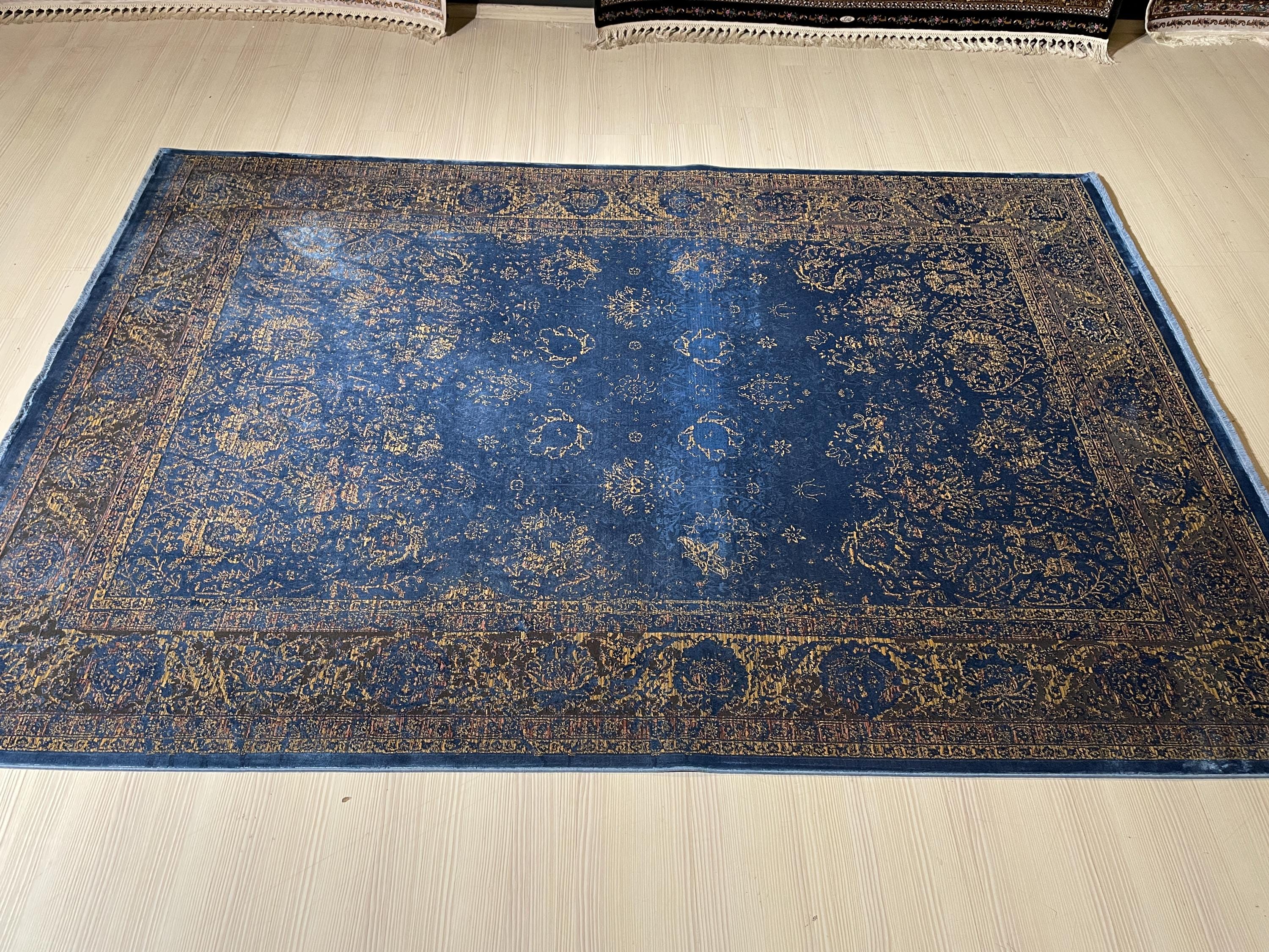 5x8 ft Navy Blue Gold Luxury  Area Rug, Turkish Style Living Room Carpet