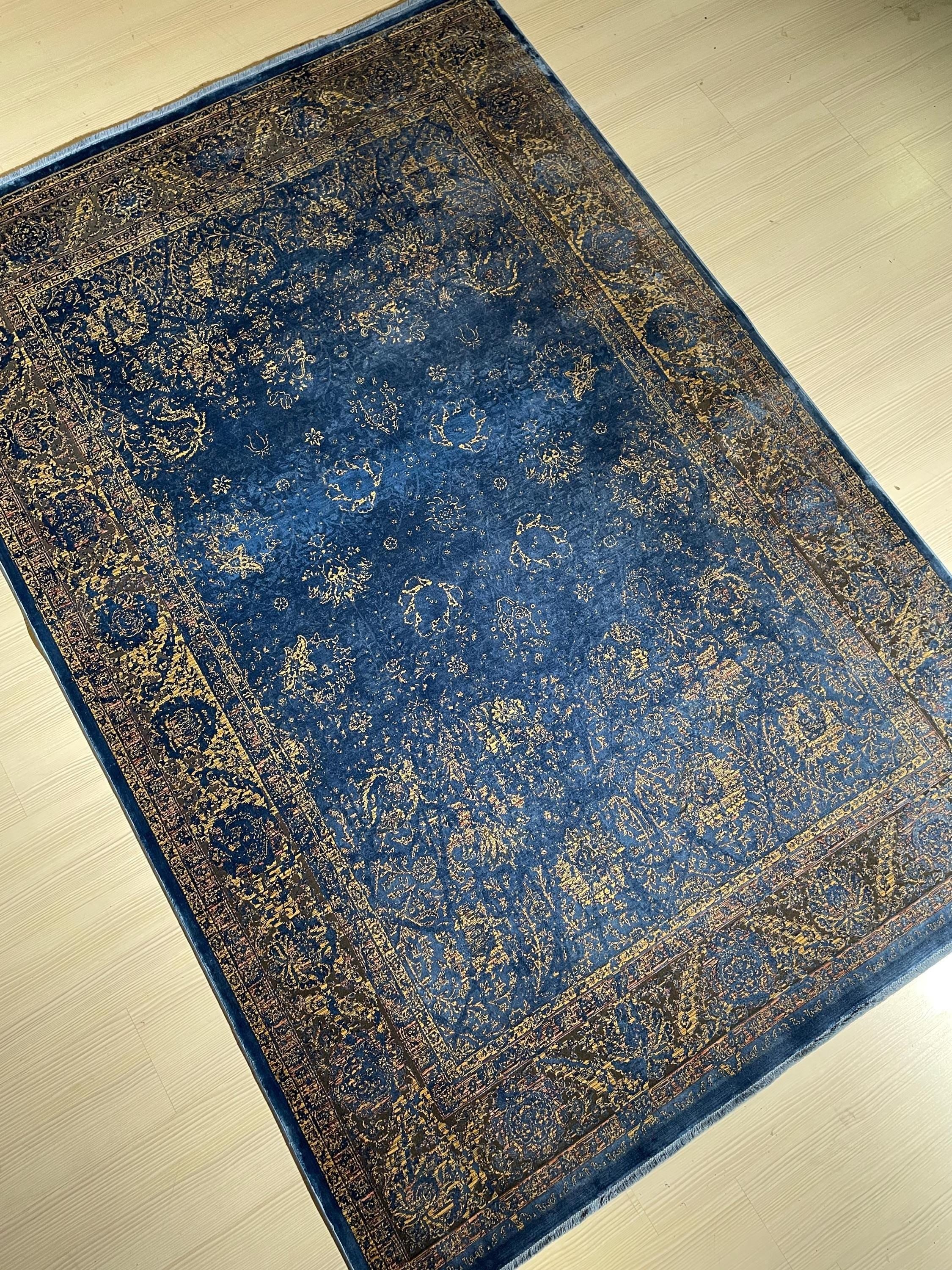 5x8 ft Navy Blue Gold Luxury  Area Rug, Turkish Style Living Room Carpet