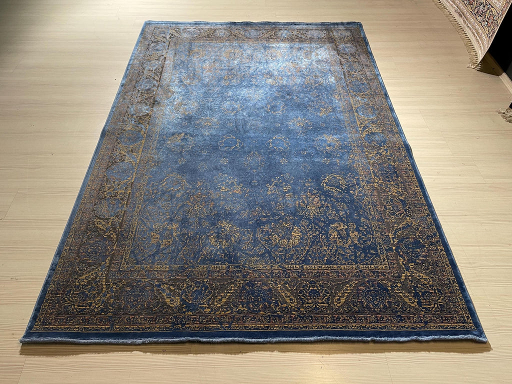 5x8 ft Navy Blue Gold Luxury  Area Rug, Turkish Style Living Room Carpet