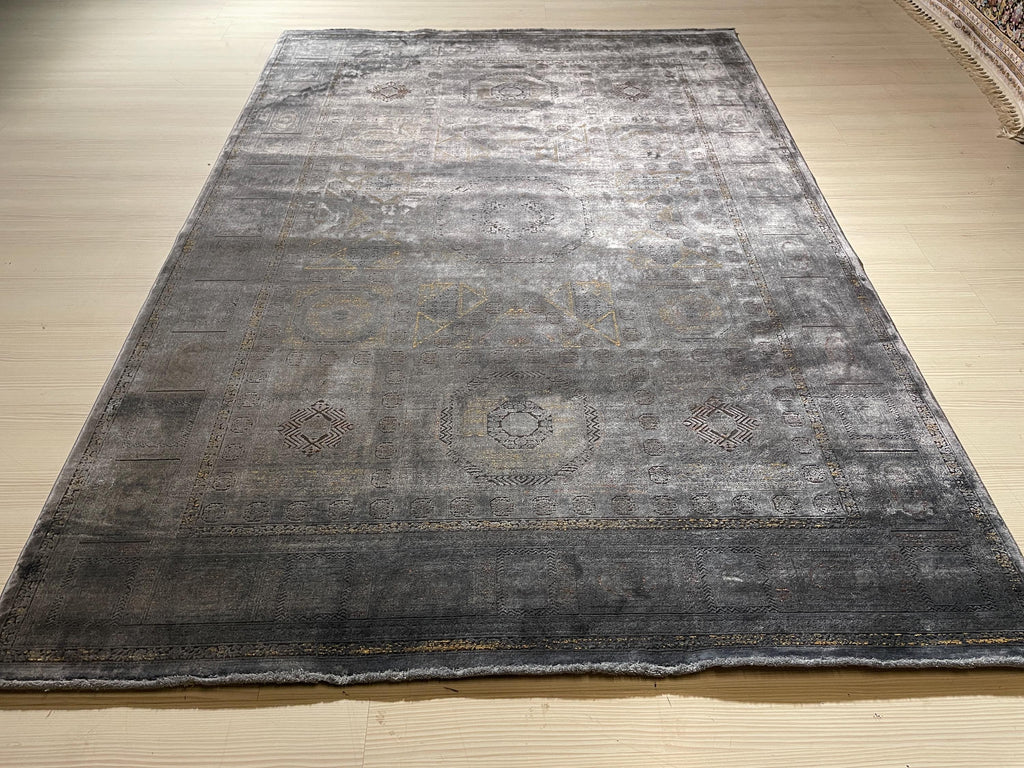 5x8 ft Smoky Gray Geometric Bamboo Rug, Luxury Modern Living Room Rug