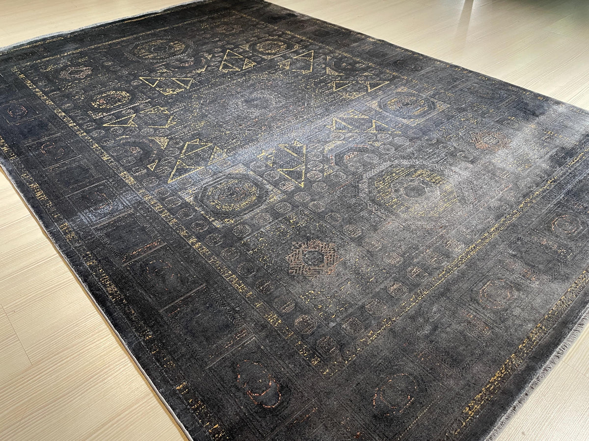 5x8 ft Smoky Gray Geometric Bamboo Rug, Luxury Modern Living Room Rug