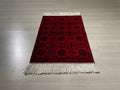 2x3 ft Red Bokhara Silk Rug, Turkish Accent Carpet, Geometric Tribal Decor Rug