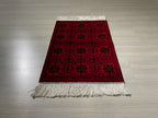 2x3 ft Red Bokhara Silk Rug, Turkish Accent Carpet, Geometric Tribal Decor Rug