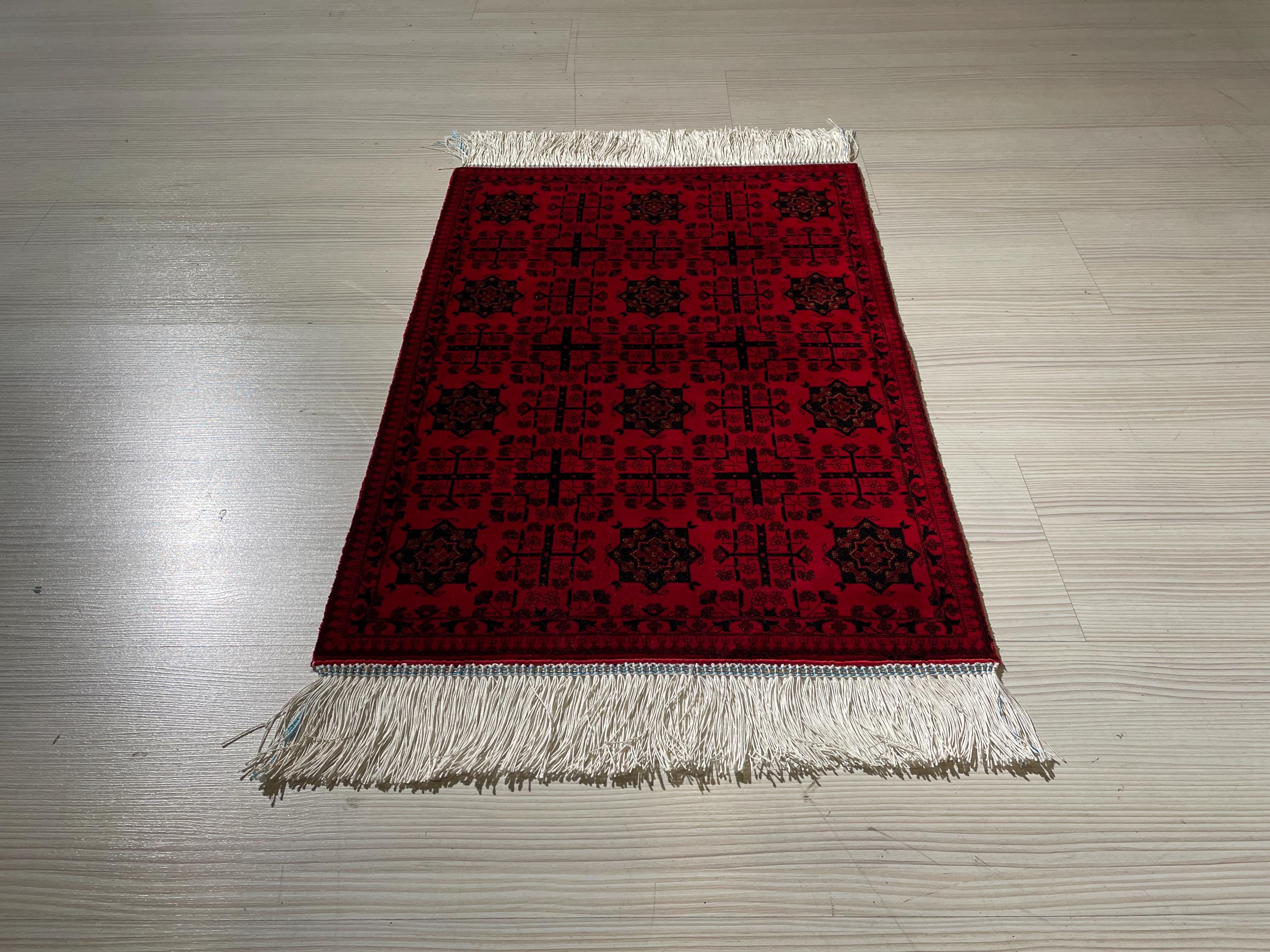 2x3 ft Red Bokhara Silk Rug, Turkish Accent Carpet, Geometric Tribal Decor Rug