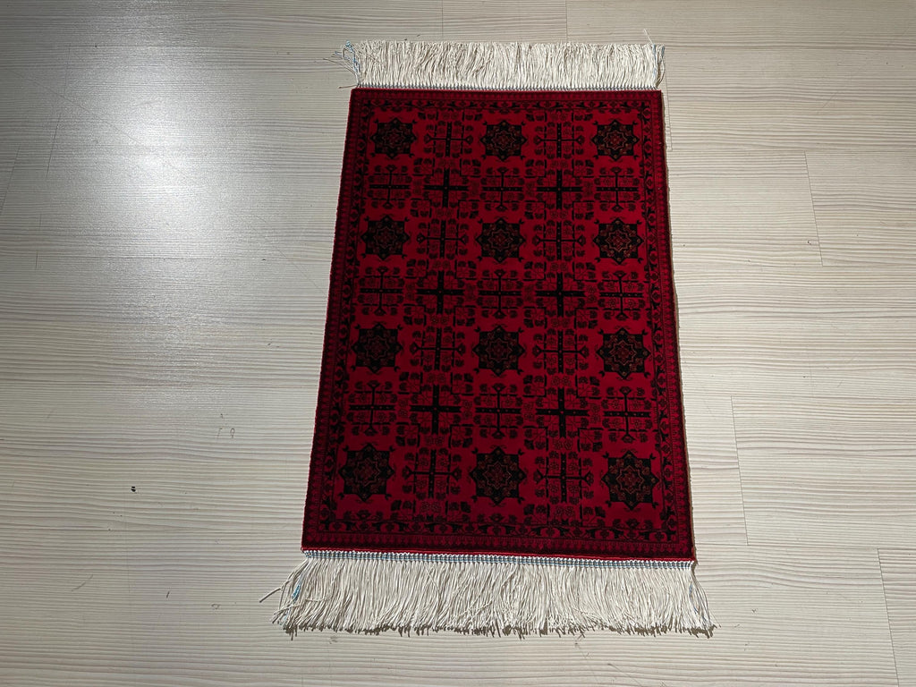 2x3 ft Red Bokhara Silk Rug, Turkish Accent Carpet, Geometric Tribal Decor Rug