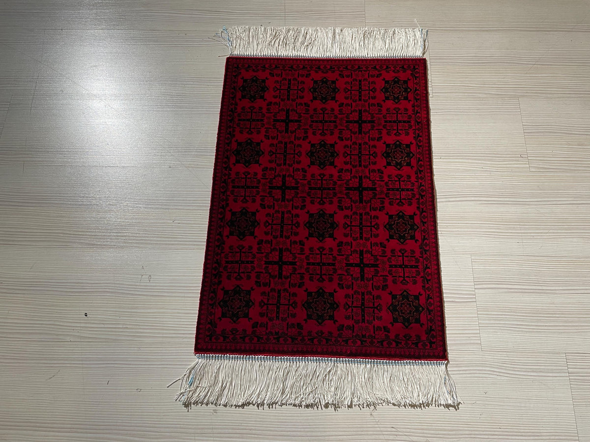 2x3 ft Red Bokhara Silk Rug, Turkish Accent Carpet, Geometric Tribal Decor Rug