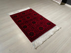 2x3 ft Red Bokhara Silk Rug, Turkish Accent Carpet, Geometric Tribal Decor Rug