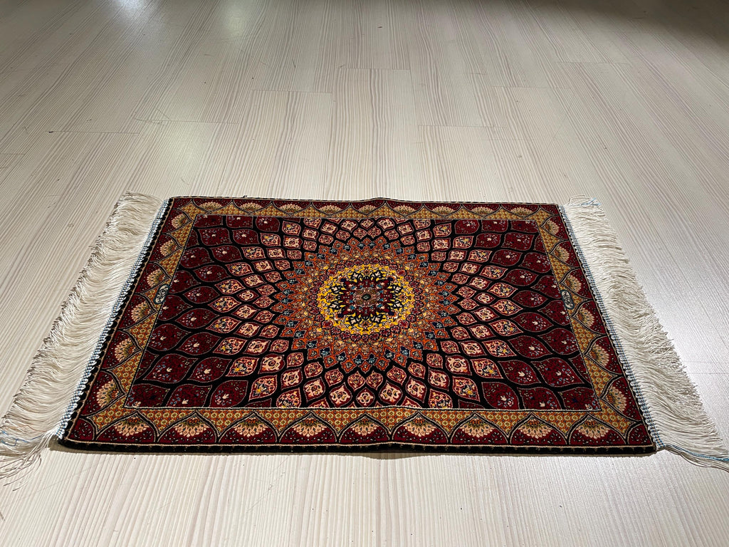 2x3 ft Burgundy Sunburst Silk Rug, Turkish Wall Carpet, Floral Medallion Accent Rug