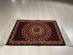 2x3 ft Burgundy Sunburst Silk Rug, Turkish Wall Carpet, Floral Medallion Accent Rug