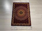 2x3 ft Burgundy Sunburst Silk Rug, Turkish Wall Carpet, Floral Medallion Accent Rug