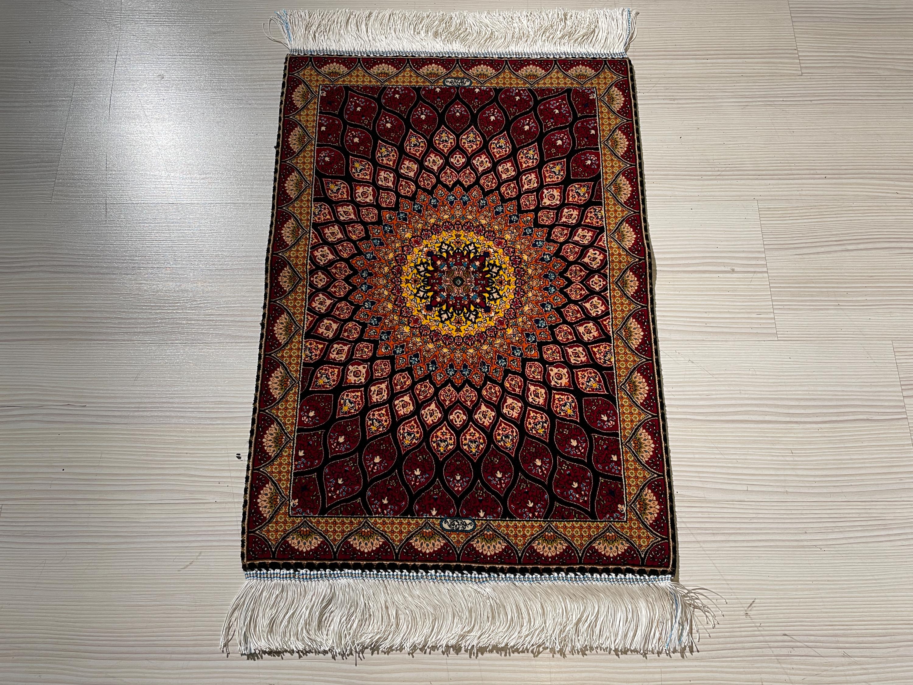 2x3 ft Burgundy Sunburst Silk Rug, Turkish Wall Carpet, Floral Medallion Accent Rug