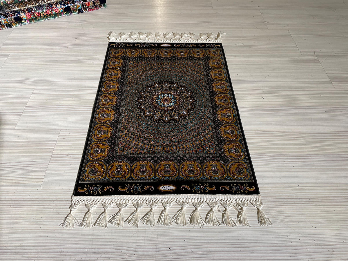 2x3 ft Black Hereke Medallion Rug, Modal Silk Turkish Accent Rug