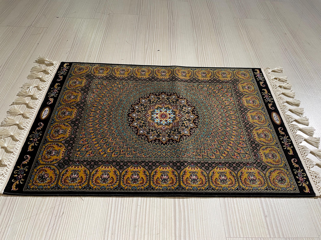 2x3 ft Black Hereke Medallion Rug, Modal Silk Turkish Accent Rug