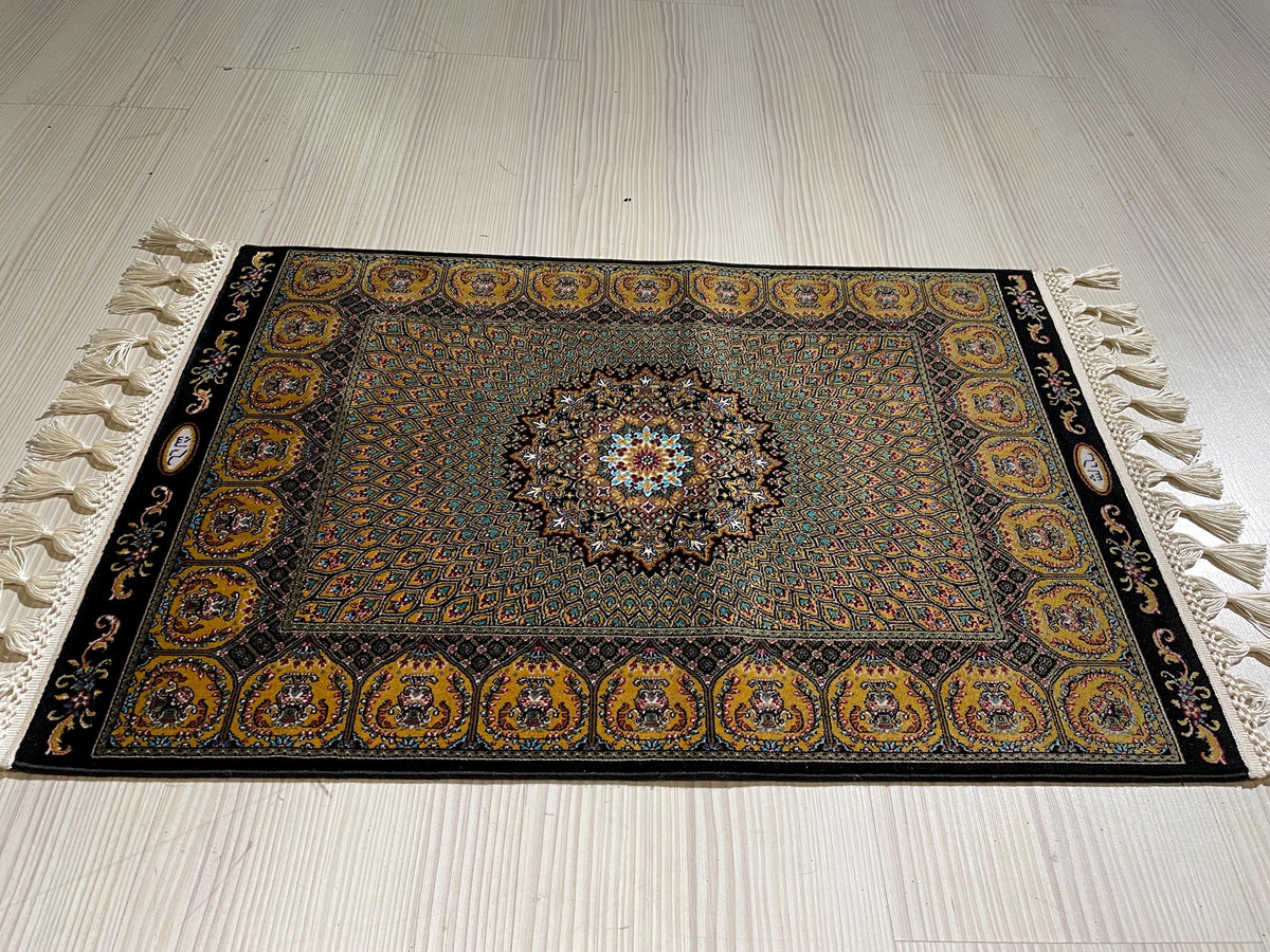 2x3 ft Black Hereke Medallion Rug, Modal Silk Turkish Accent Rug