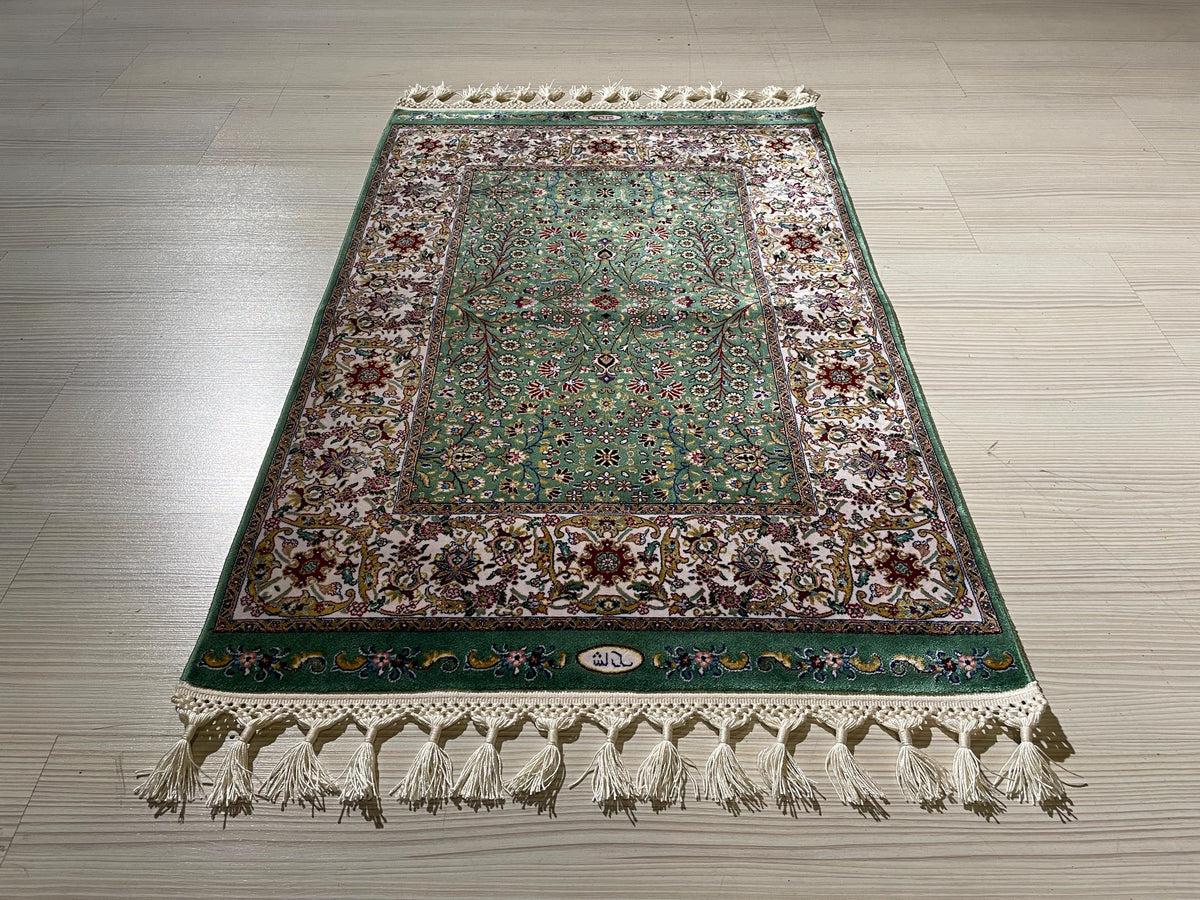 2x3 ft Green Turkish Floral Modal Silk Rug, Entryway Accent Area Rug