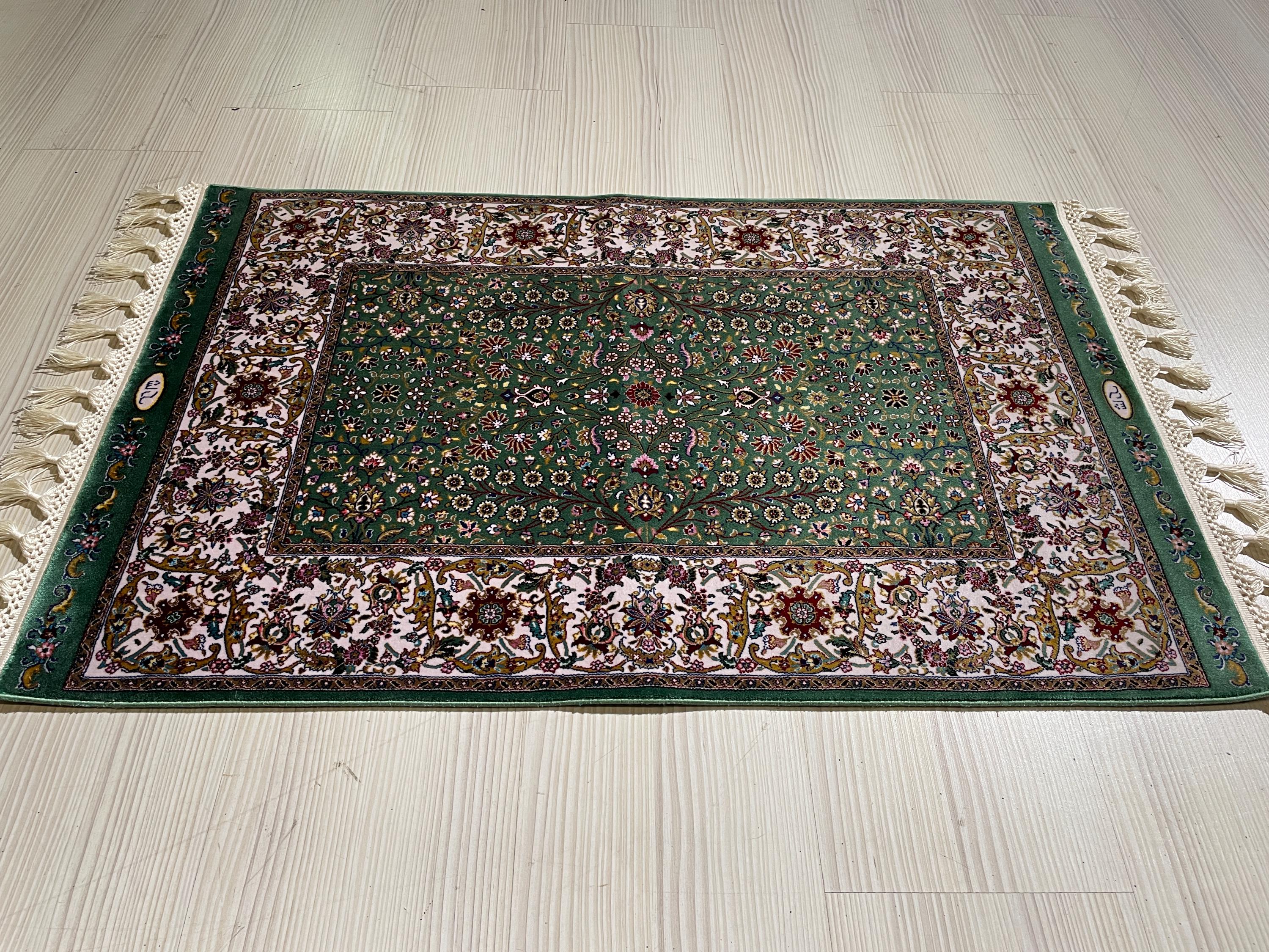 2x3 ft Green Turkish Floral Modal Silk Rug, Entryway Accent Area Rug