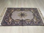 2x3 ft Gray Small Silk Rug, Green Medallion Design, Turkish Style Carpet