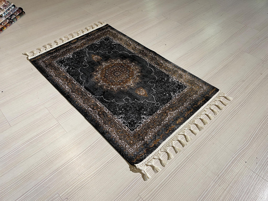 2x3 ft Black Vintage Modal Silk Rug, Turkish Medallion Accent Area Rug