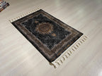 2x3 ft Black Vintage Modal Silk Rug, Turkish Medallion Accent Area Rug