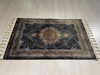 2x3 ft Black Vintage Modal Silk Rug, Turkish Medallion Accent Area Rug