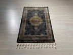 2x3 ft Black Vintage Modal Silk Rug, Turkish Medallion Accent Area Rug