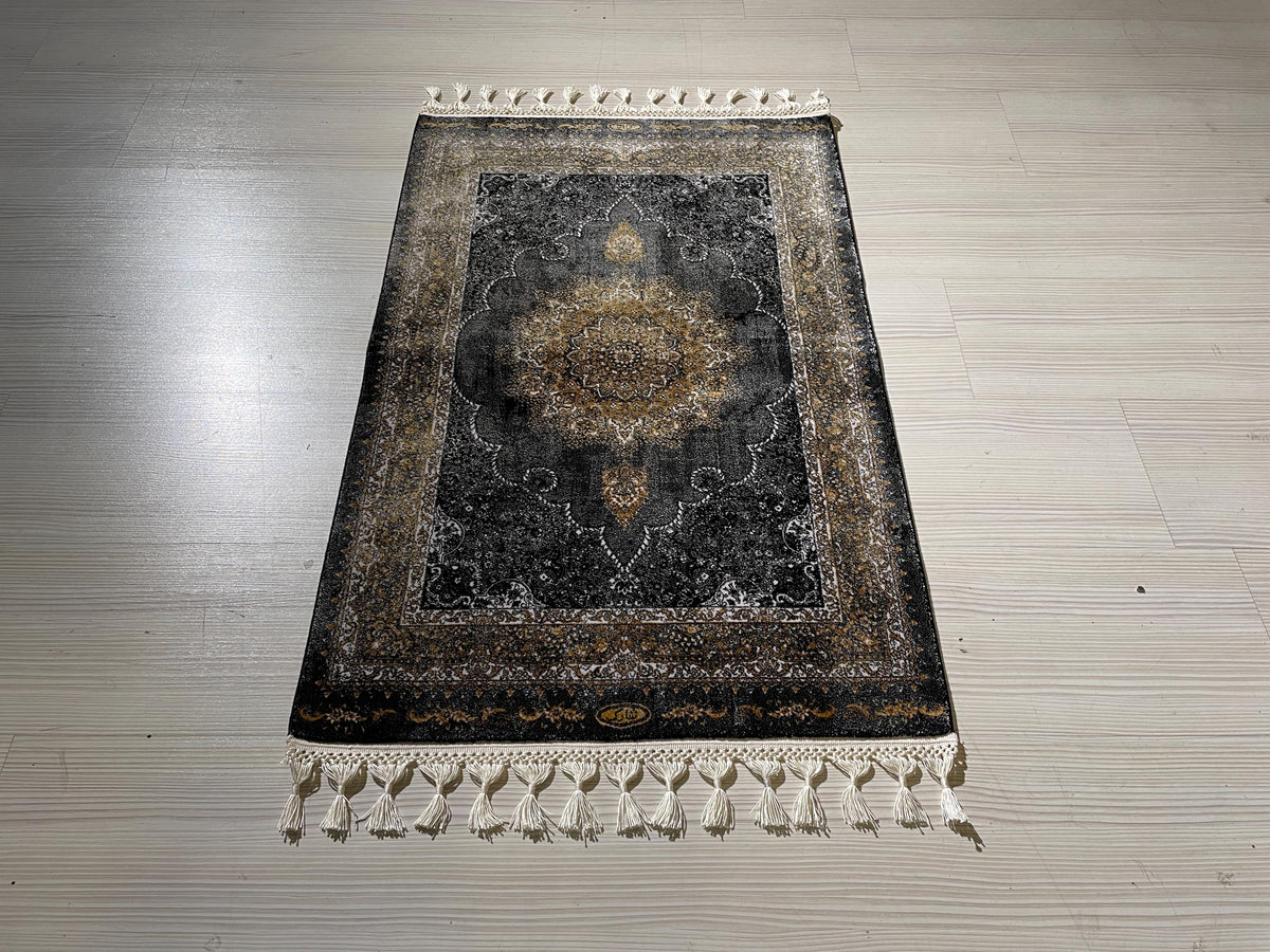 2x3 ft Black Vintage Modal Silk Rug, Turkish Medallion Accent Area Rug