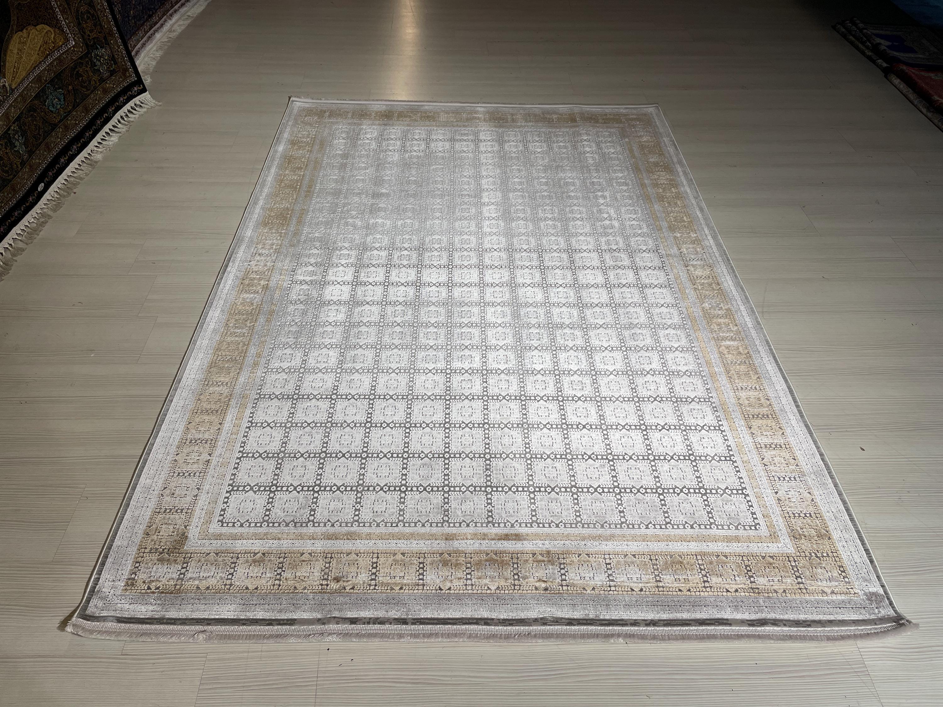 5x8 ft Beige Bamboo Rug, Geometric Border Area Rug, Neutral Living Room Carpet