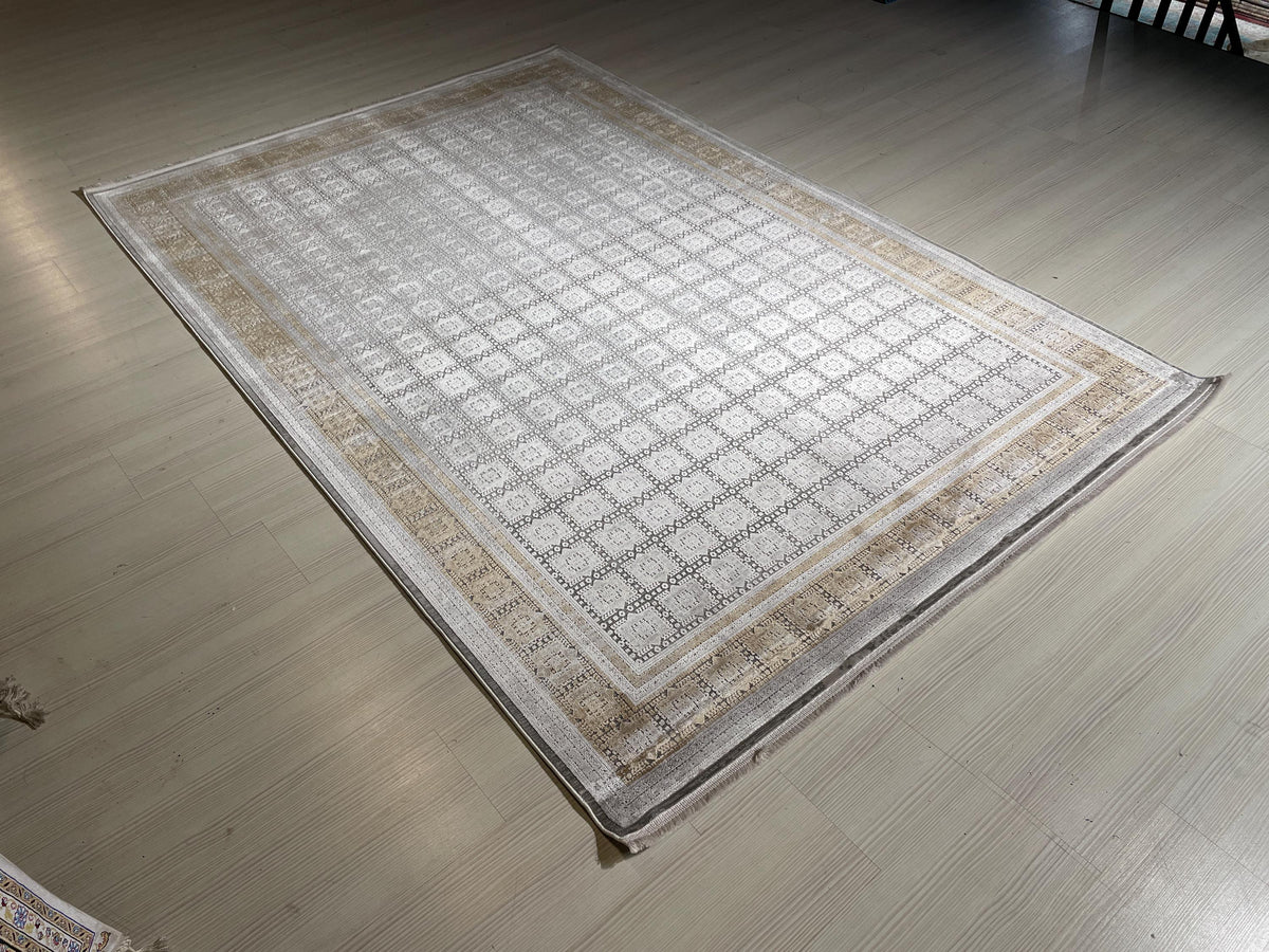 5x8 ft Beige Bamboo Rug, Geometric Border Area Rug, Neutral Living Room Carpet