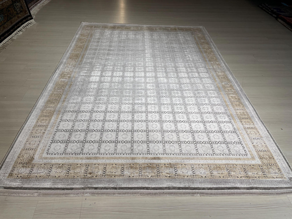 5x8 ft Beige Bamboo Rug, Geometric Border Area Rug, Neutral Living Room Carpet