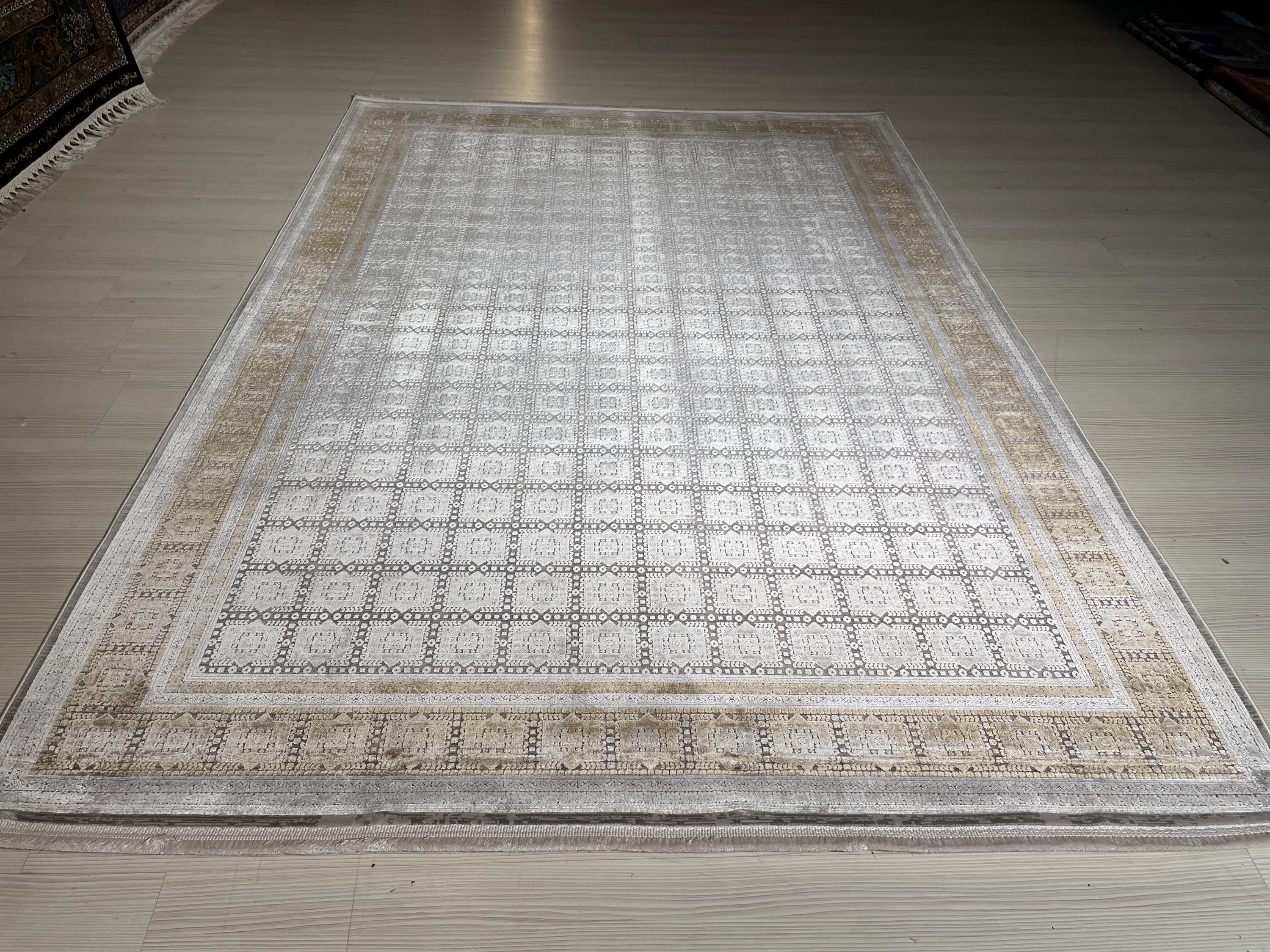 5x8 ft Beige Bamboo Rug, Geometric Border Area Rug, Neutral Living Room Carpet