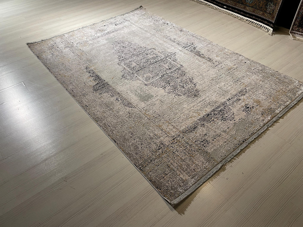 5x8 ft Beige Bamboo Rug, Distressed Medallion Area Rug, Neutral Living Room Carpet