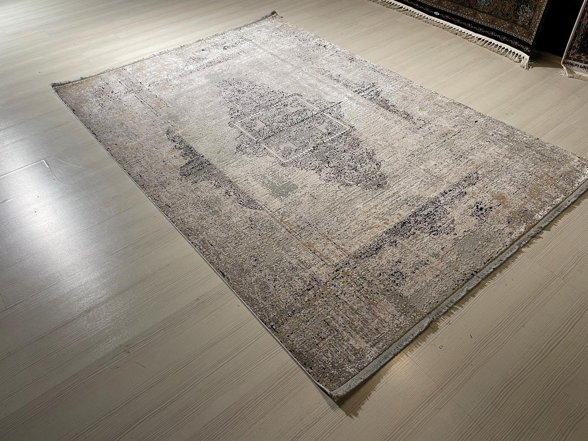 5x8 ft Beige Bamboo Rug, Distressed Medallion Area Rug, Neutral Living Room Carpet