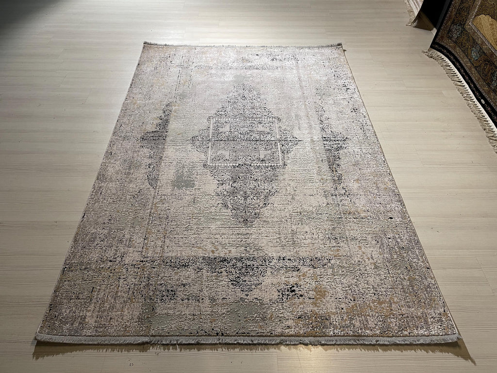 5x8 ft Beige Bamboo Rug, Distressed Medallion Area Rug, Neutral Living Room Carpet