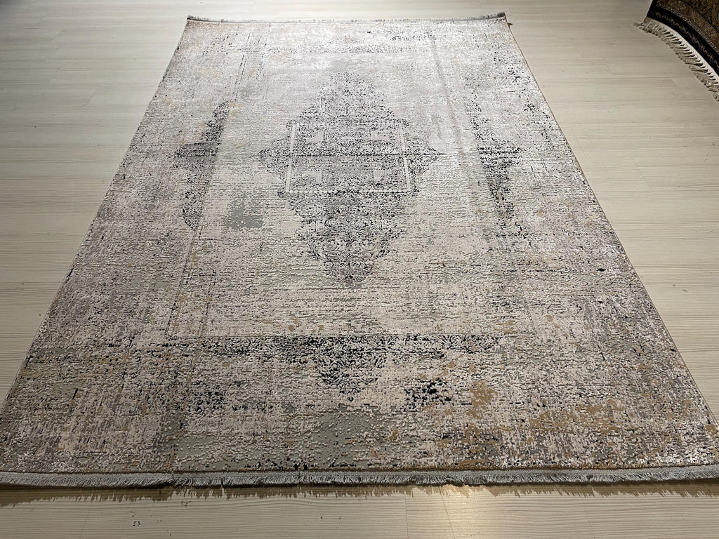 5x8 ft Beige Bamboo Rug, Distressed Medallion Area Rug, Neutral Living Room Carpet