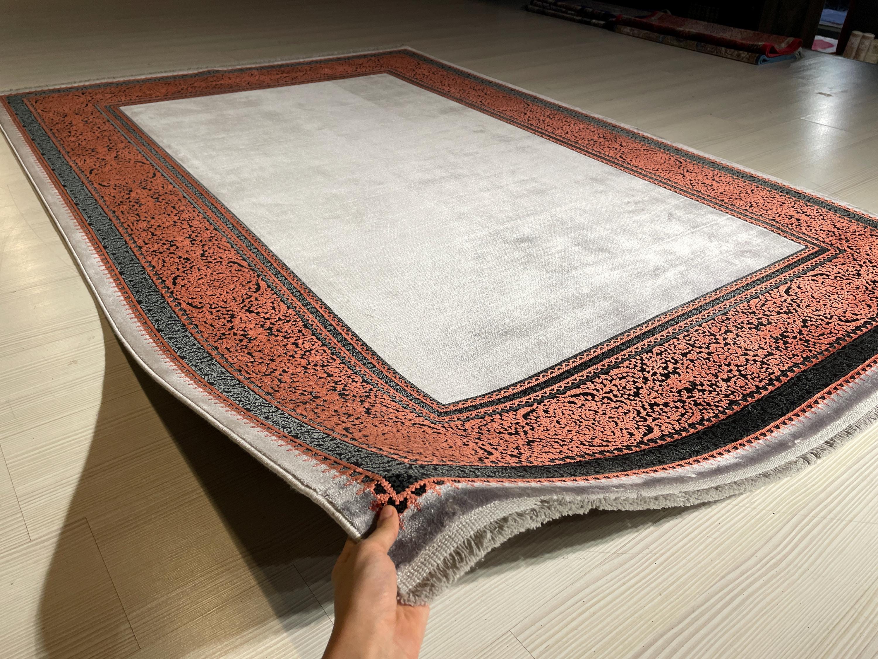 5x8 ft Coral Border Bamboo Rug, Modern Area Rug, Neutral Living Room Carpet