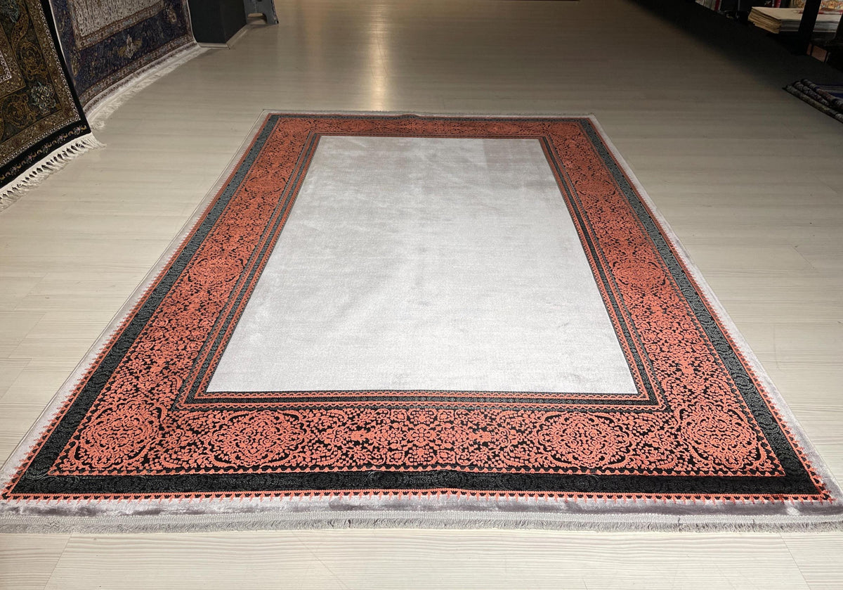 5x8 ft Coral Border Bamboo Rug, Modern Area Rug, Neutral Living Room Carpet