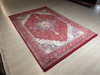 5x8 ft Red Medallion Bamboo Rug, Vintage Area Rug, Traditional Living Room Carpet