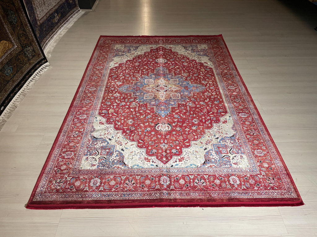 5x8 ft Red Medallion Bamboo Rug, Vintage Area Rug, Traditional Living Room Carpet