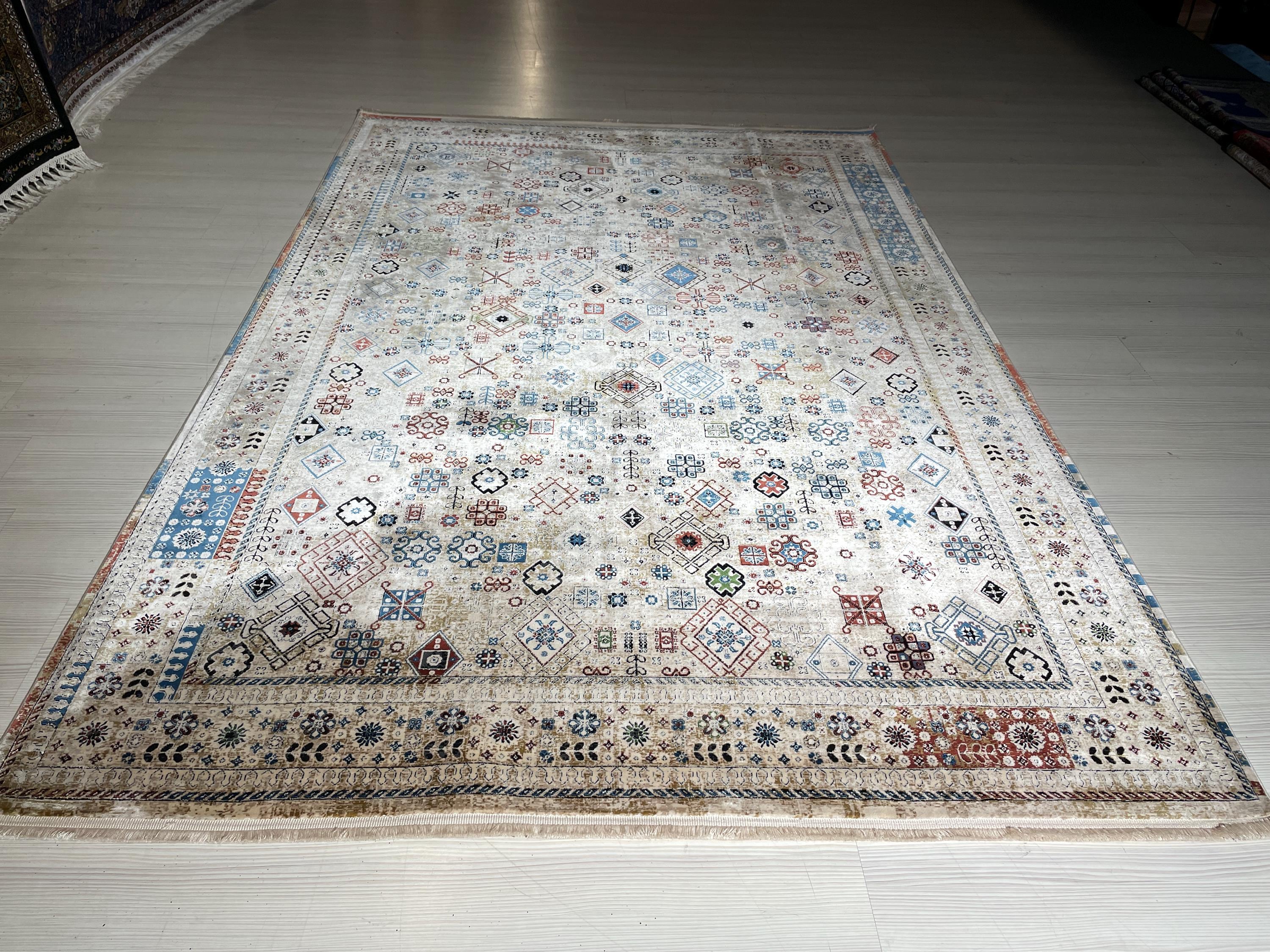 5x8 ft Ivory Tribal Bamboo Rug, Geometric Area Rug, Boho Living Room Carpet