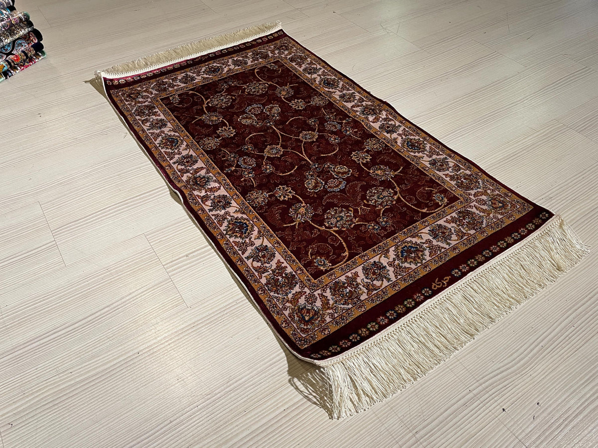 2x3 ft Red Small Silk Rug, Gold Floral Design Turkish Area Rug