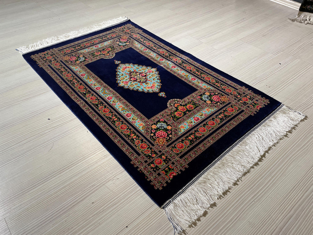 2x3 ft Navy Floral Silk Rug, Turkish Accent Carpet, Rose Garden Medallion Rug