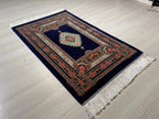 2x3 ft Navy Floral Silk Rug, Turkish Accent Carpet, Rose Garden Medallion Rug