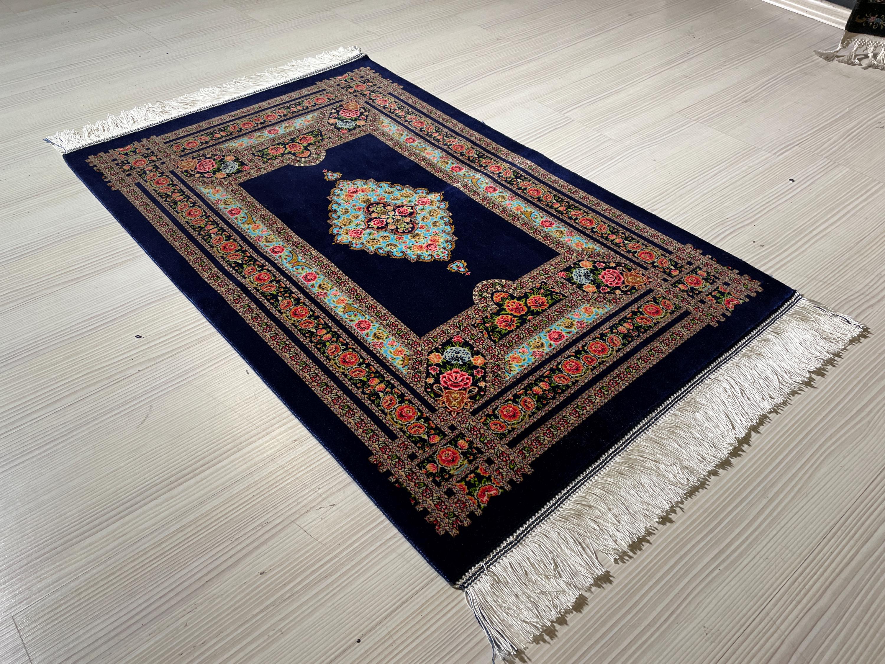 2x3 ft Navy Floral Silk Rug, Turkish Accent Carpet, Rose Garden Medallion Rug
