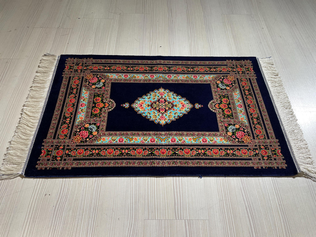 2x3 ft Navy Floral Silk Rug, Turkish Accent Carpet, Rose Garden Medallion Rug
