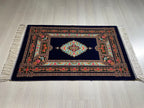 2x3 ft Navy Floral Silk Rug, Turkish Accent Carpet, Rose Garden Medallion Rug