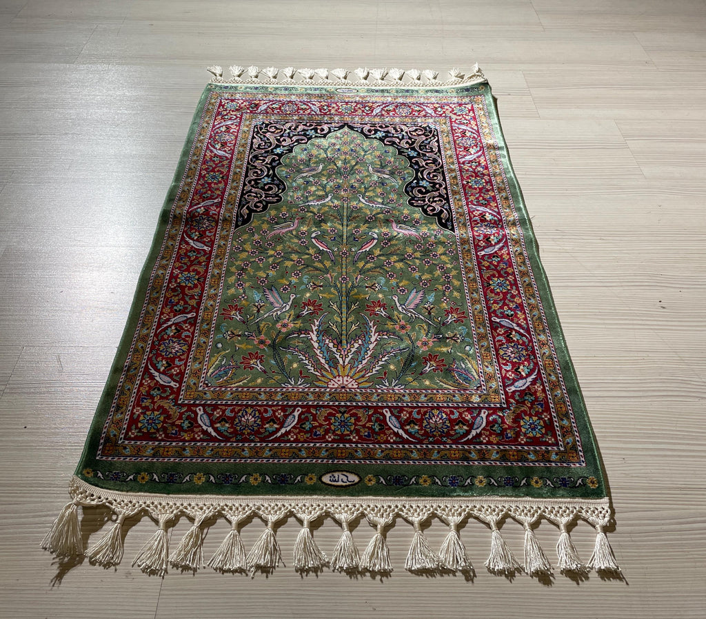 3x4 ft Green Red Runner Silk Rug, Brid And Floral Patternd, Modern Hallway Rug