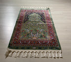 3x4 ft Green Red Runner Silk Rug, Brid And Floral Patternd, Modern Hallway Rug
