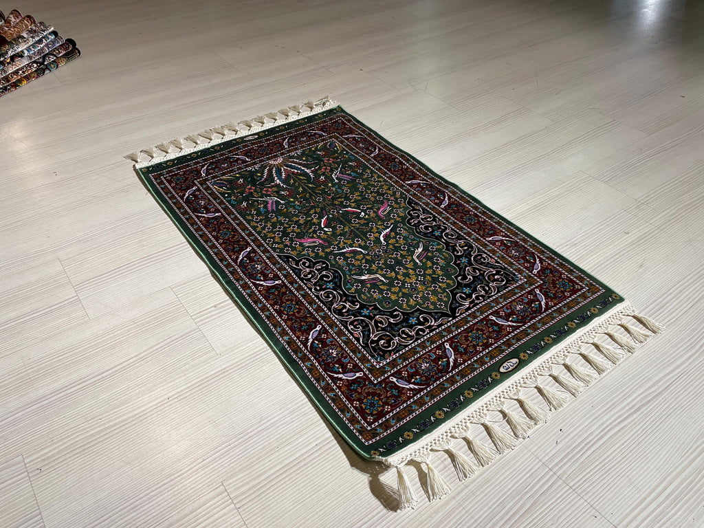 3x4 ft Green Red Runner Silk Rug, Brid And Floral Patternd, Modern Hallway Rug